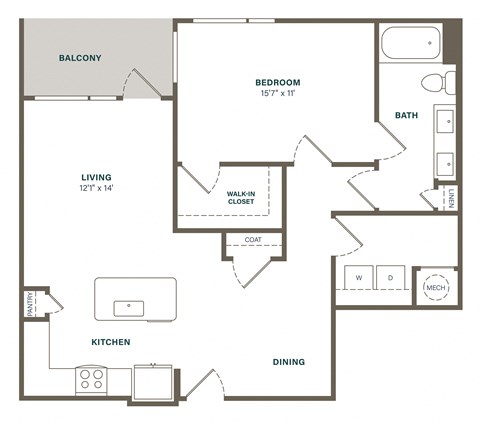 Floor plan for 1 bed, 1 bath, 924 sqft